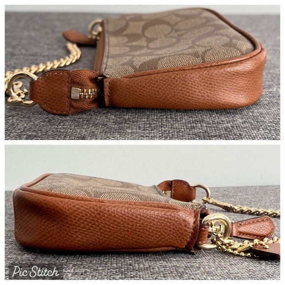 Coach Tan Brown Mini Purse Wristlet Gold Chain C Logo Coated Canvas Small Khaki - Picture 8 of 17